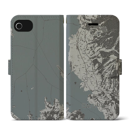 【大村（長崎県）】地図柄iPhoneケース（手帳タイプ）モノトーン・iPhone SE（第3 / 第2世代） / 8 / 7 / 6s / 6 用