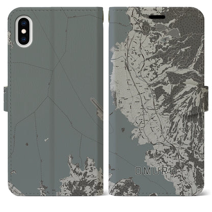 【大村（長崎県）】地図柄iPhoneケース（手帳タイプ）モノトーン・iPhone XS Max 用