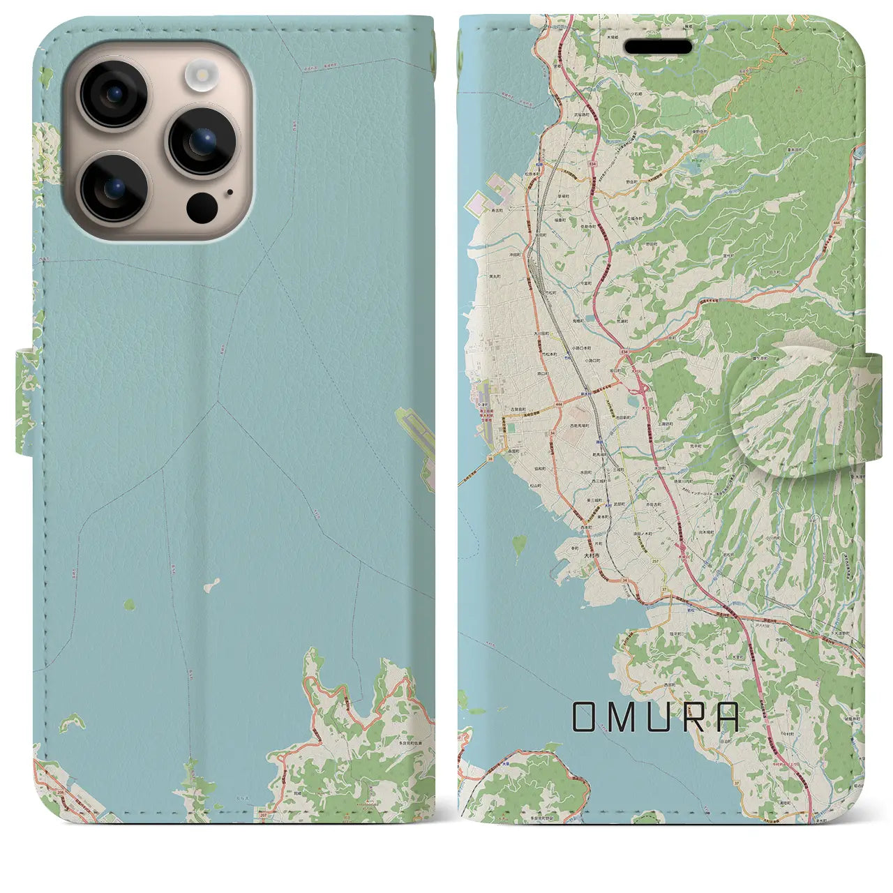 【大村（長崎県）】地図柄iPhoneケース（手帳タイプ）ナチュラル・iPhone 16 Plus 用