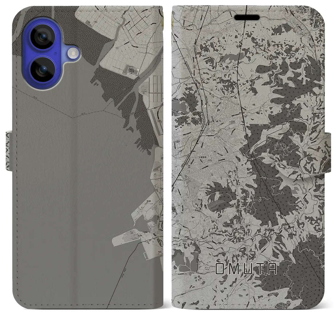 【大牟田(福岡県)】地図柄iPhoneケース(手帳タイプ)モノトーン・iPhone 16 Pro Max 用