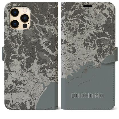 【小名浜（福島県）】地図柄iPhoneケース（手帳タイプ）モノトーン・iPhone 12 Pro Max 用