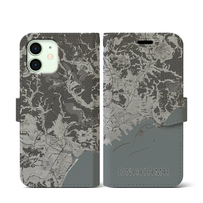 【小名浜（福島県）】地図柄iPhoneケース（手帳タイプ）モノトーン・iPhone 12 mini 用