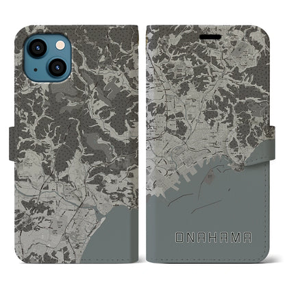 【小名浜（福島県）】地図柄iPhoneケース（手帳タイプ）モノトーン・iPhone 13 用