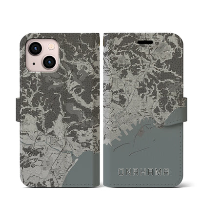 【小名浜（福島県）】地図柄iPhoneケース（手帳タイプ）モノトーン・iPhone 13 mini 用