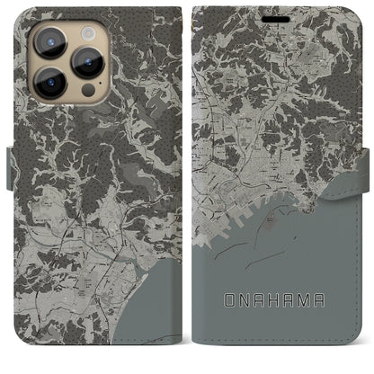 【小名浜（福島県）】地図柄iPhoneケース（手帳タイプ）モノトーン・iPhone 14 Pro Max 用