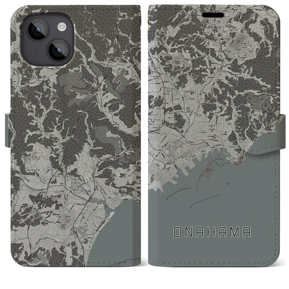 【小名浜（福島県）】地図柄iPhoneケース（手帳タイプ）モノトーン・iPhone 14 Plus 用
