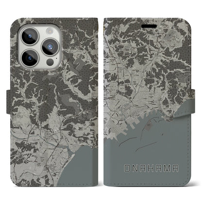 【小名浜（福島県）】地図柄iPhoneケース（手帳タイプ）モノトーン・iPhone 15 Pro 用