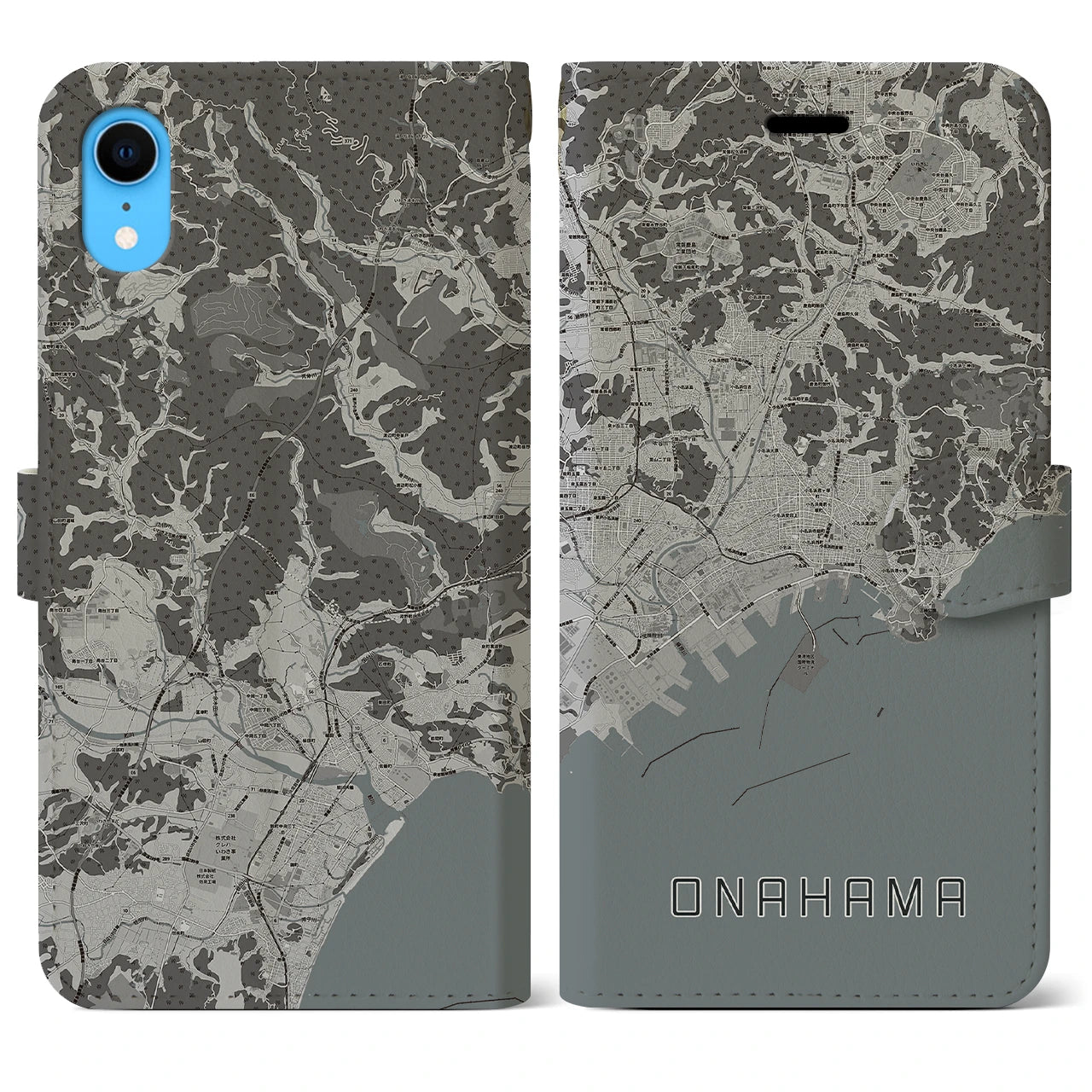 【小名浜】地図柄iPhoneケース（手帳両面タイプ・モノトーン）iPhone XR 用