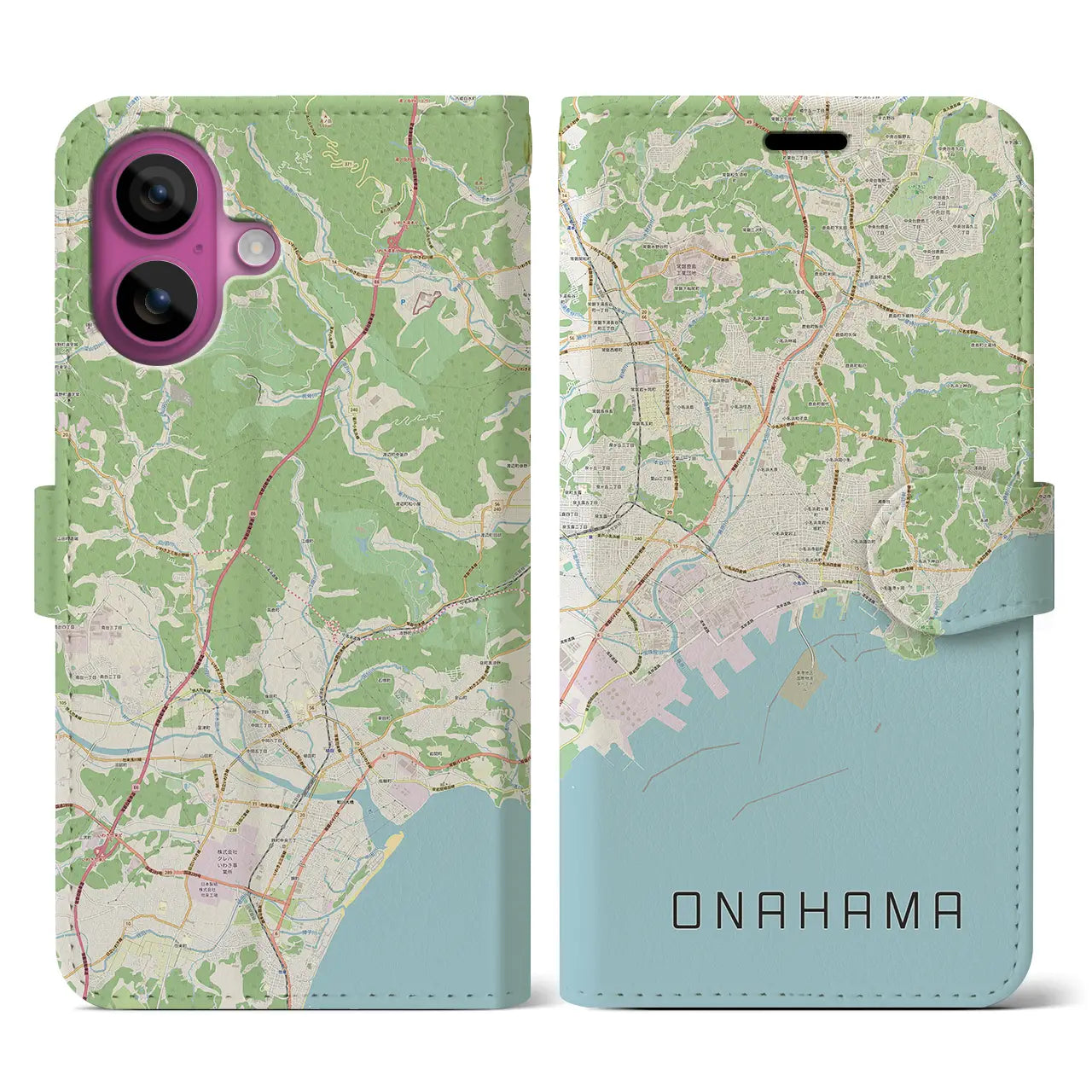 【小名浜（福島県）】地図柄iPhoneケース（手帳タイプ）ナチュラル・iPhone 16 Pro 用