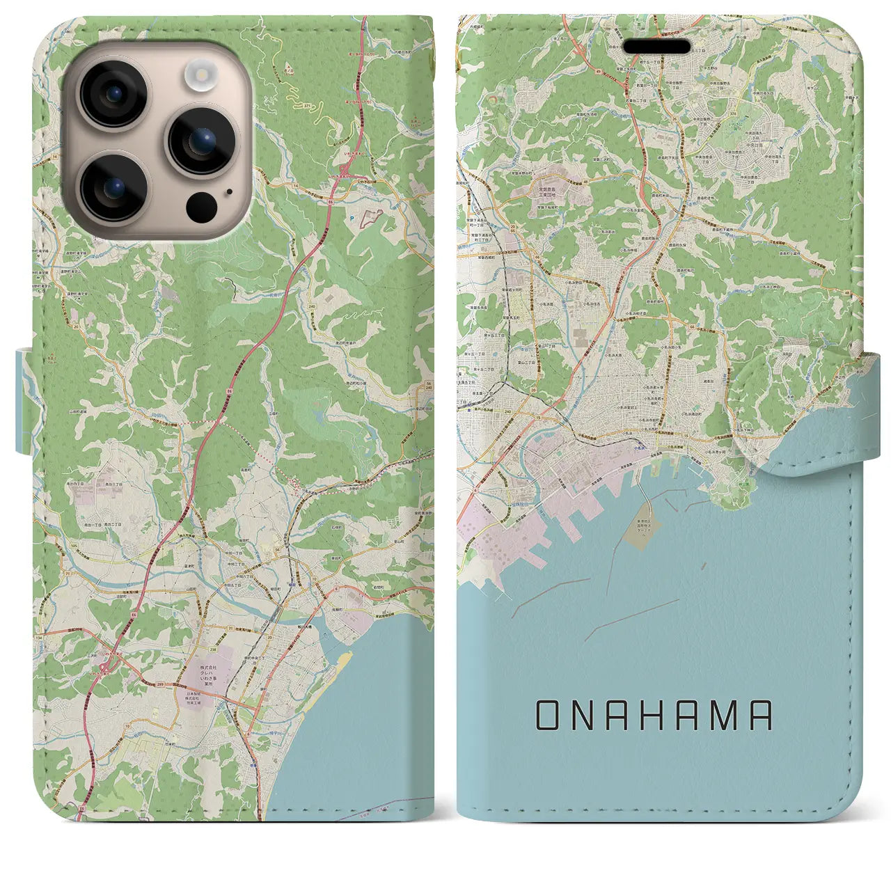 【小名浜（福島県）】地図柄iPhoneケース（手帳タイプ）ナチュラル・iPhone 16 Plus 用