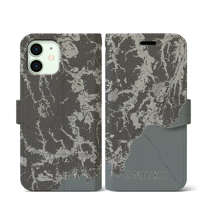 【御宿（千葉県）】地図柄iPhoneケース（手帳タイプ）モノトーン・iPhone 12 mini 用