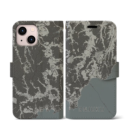 【御宿（千葉県）】地図柄iPhoneケース（手帳タイプ）モノトーン・iPhone 13 mini 用