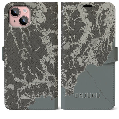 【御宿（千葉県）】地図柄iPhoneケース（手帳タイプ）モノトーン・iPhone 15 Plus 用