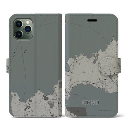 【恩納（沖縄県）】地図柄iPhoneケース（手帳タイプ）モノトーン・iPhone 11 Pro 用