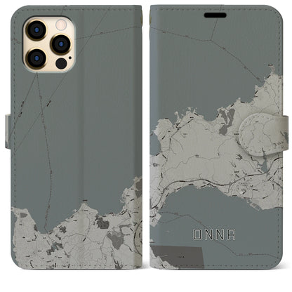 【恩納（沖縄県）】地図柄iPhoneケース（手帳タイプ）モノトーン・iPhone 12 Pro Max 用