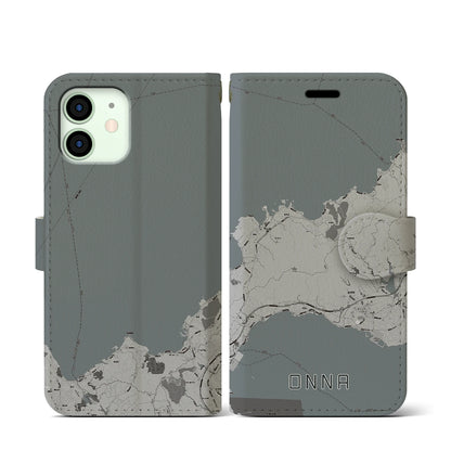 【恩納（沖縄県）】地図柄iPhoneケース（手帳タイプ）モノトーン・iPhone 12 mini 用