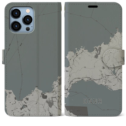 【恩納（沖縄県）】地図柄iPhoneケース（手帳タイプ）モノトーン・iPhone 13 Pro Max 用