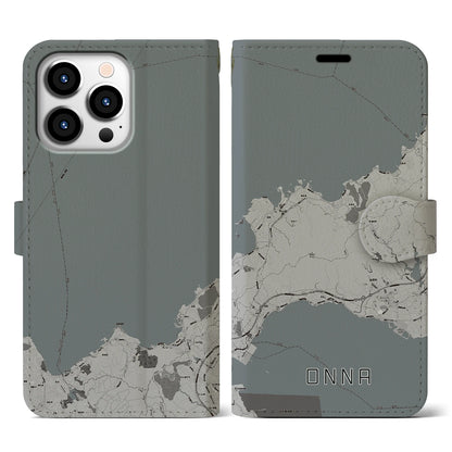 【恩納（沖縄県）】地図柄iPhoneケース（手帳タイプ）モノトーン・iPhone 13 Pro 用