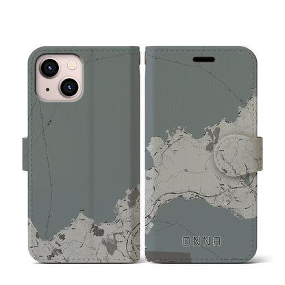 【恩納（沖縄県）】地図柄iPhoneケース（手帳タイプ）モノトーン・iPhone 13 mini 用