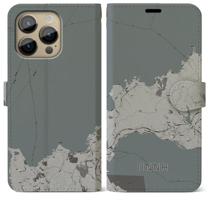 【恩納（沖縄県）】地図柄iPhoneケース（手帳タイプ）モノトーン・iPhone 14 Pro Max 用