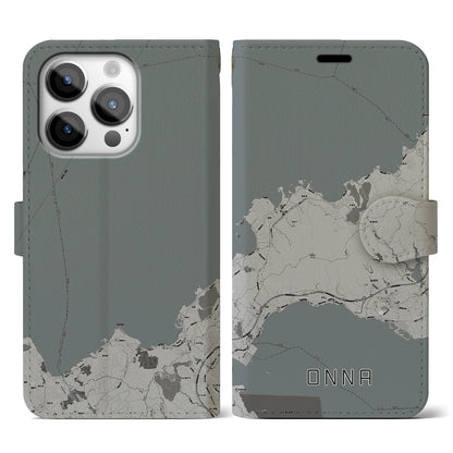 【恩納（沖縄県）】地図柄iPhoneケース（手帳タイプ）モノトーン・iPhone 14 Pro 用