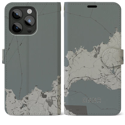 【恩納（沖縄県）】地図柄iPhoneケース（手帳タイプ）モノトーン・iPhone 15 Pro Max 用