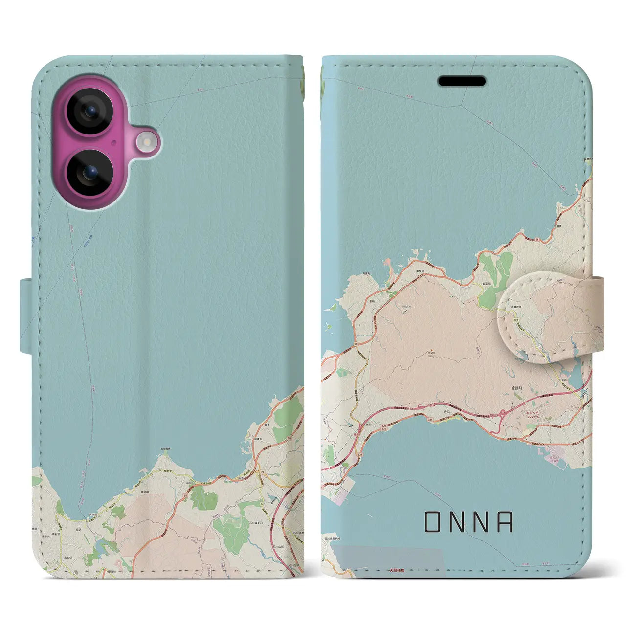 【恩納（沖縄県）】地図柄iPhoneケース（手帳タイプ）ナチュラル・iPhone 16 Pro 用