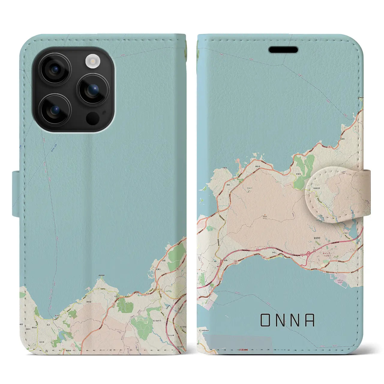 【恩納（沖縄県）】地図柄iPhoneケース（手帳タイプ）ナチュラル・iPhone 16 用