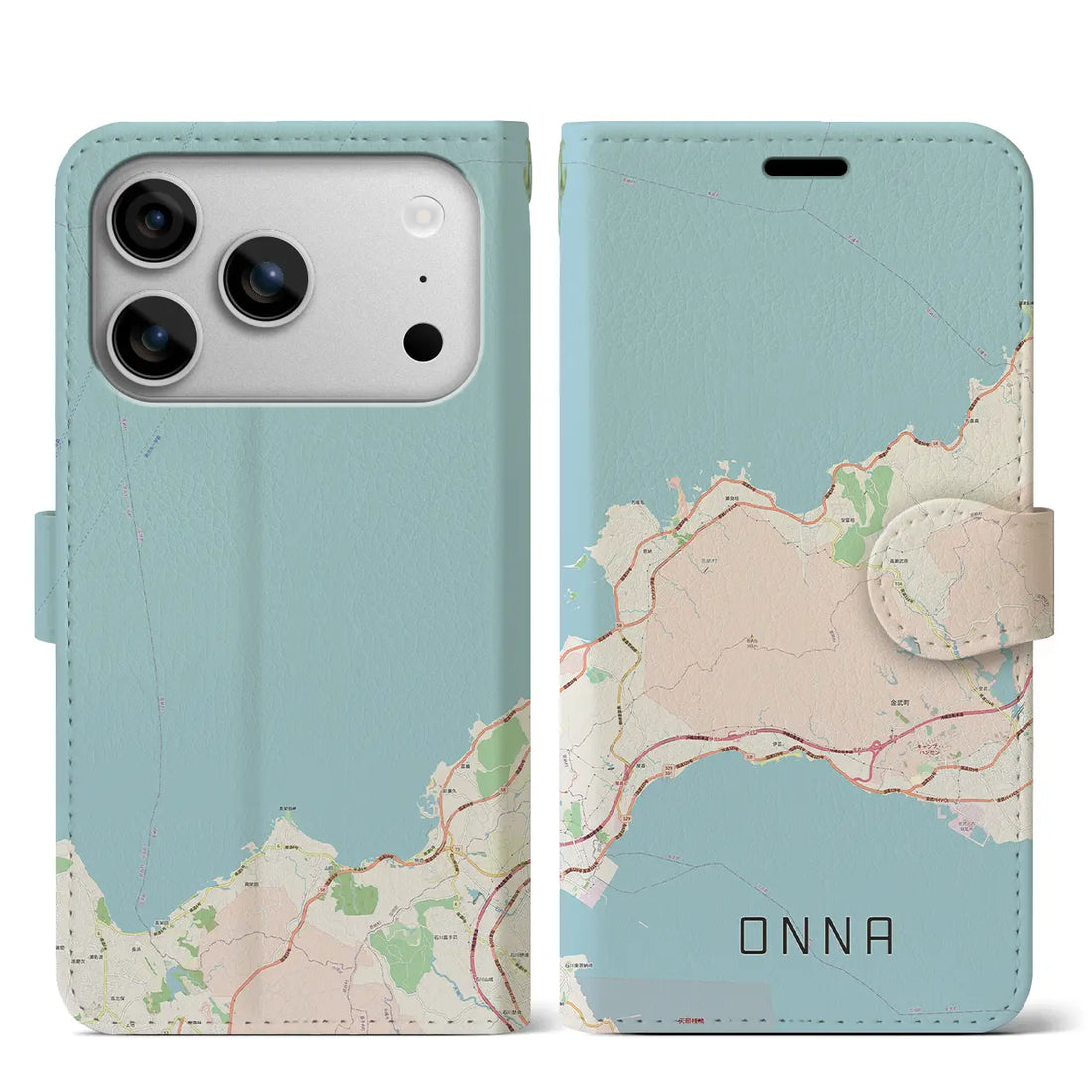 【恩納（沖縄県）】地図柄iPhoneケース（手帳タイプ）ナチュラル・iPhone 17 Pro Max 用