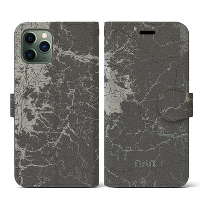 【大野（福井県）】地図柄iPhoneケース（手帳タイプ）モノトーン・iPhone 11 Pro 用