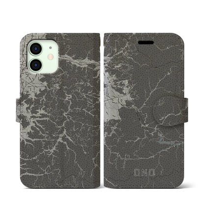 【大野（福井県）】地図柄iPhoneケース（手帳タイプ）モノトーン・iPhone 12 mini 用