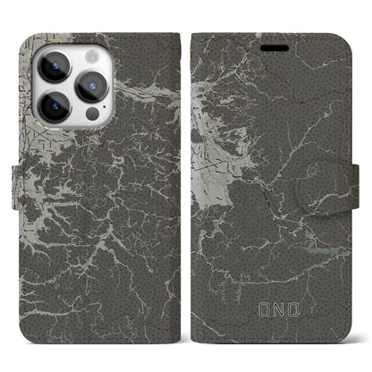 【大野（福井県）】地図柄iPhoneケース（手帳タイプ）モノトーン・iPhone 14 Pro 用