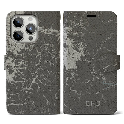 【大野（福井県）】地図柄iPhoneケース（手帳タイプ）モノトーン・iPhone 15 Pro 用