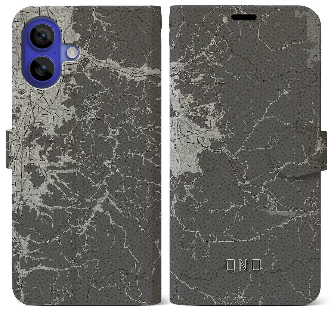 【大野(福井県)】地図柄iPhoneケース(手帳タイプ)モノトーン・iPhone 16 Pro Max 用