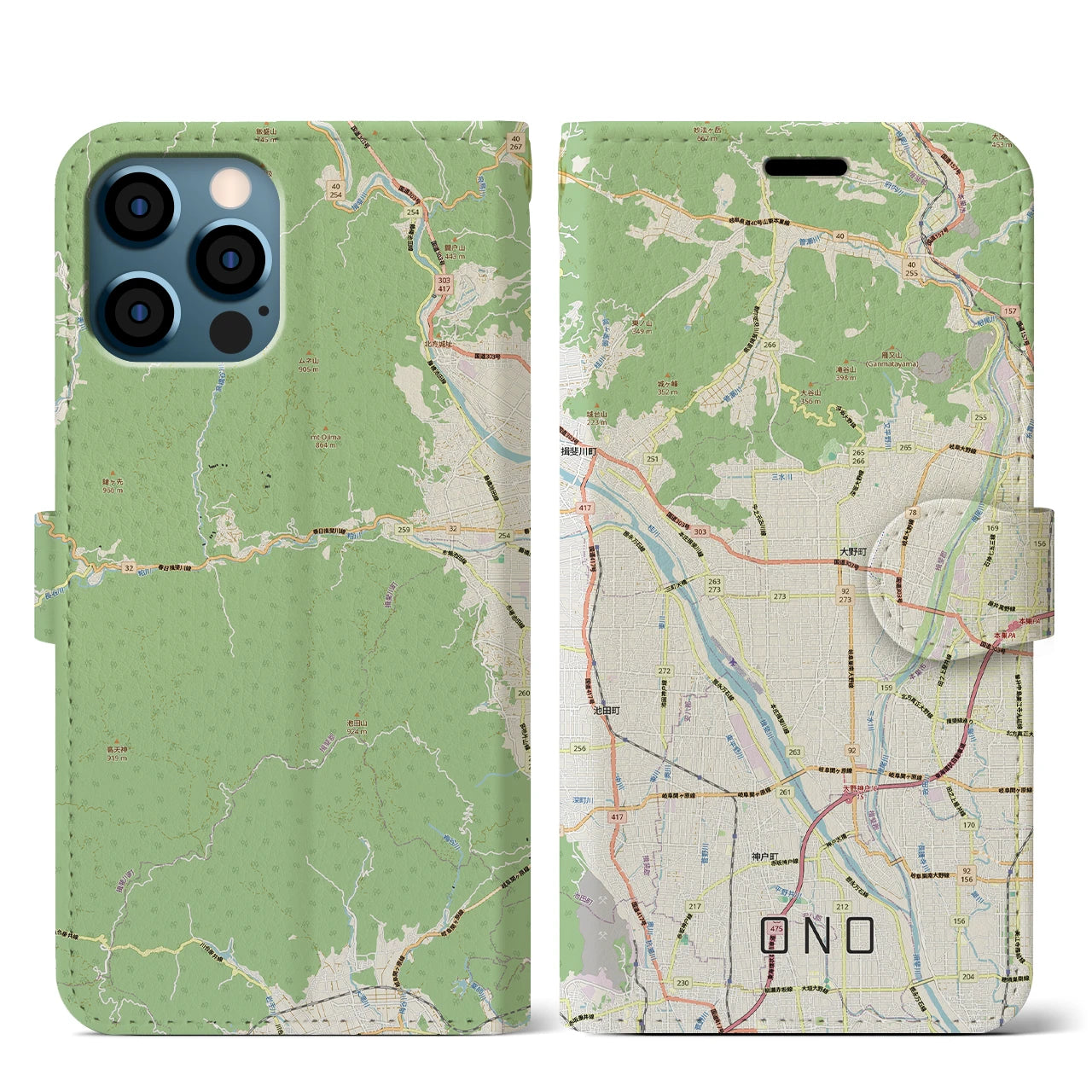 【大野（岐阜県）】地図柄iPhoneケース（手帳タイプ）