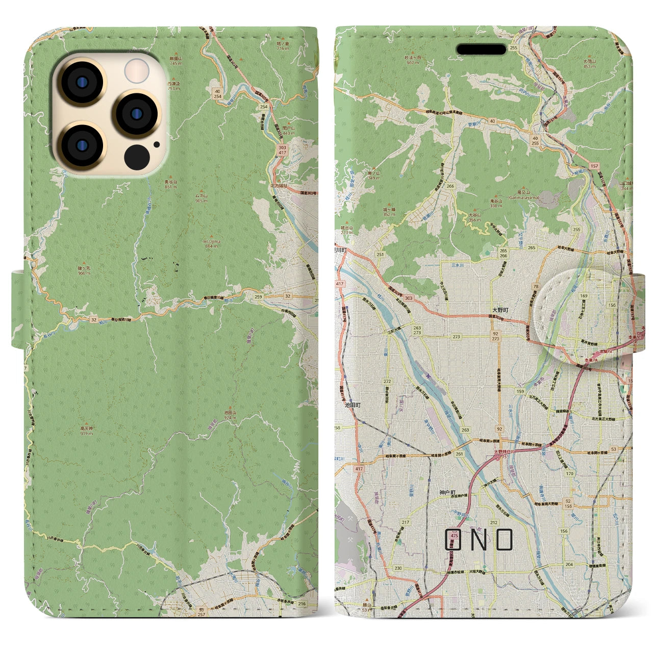 【大野（岐阜県）】地図柄iPhoneケース（手帳タイプ）
