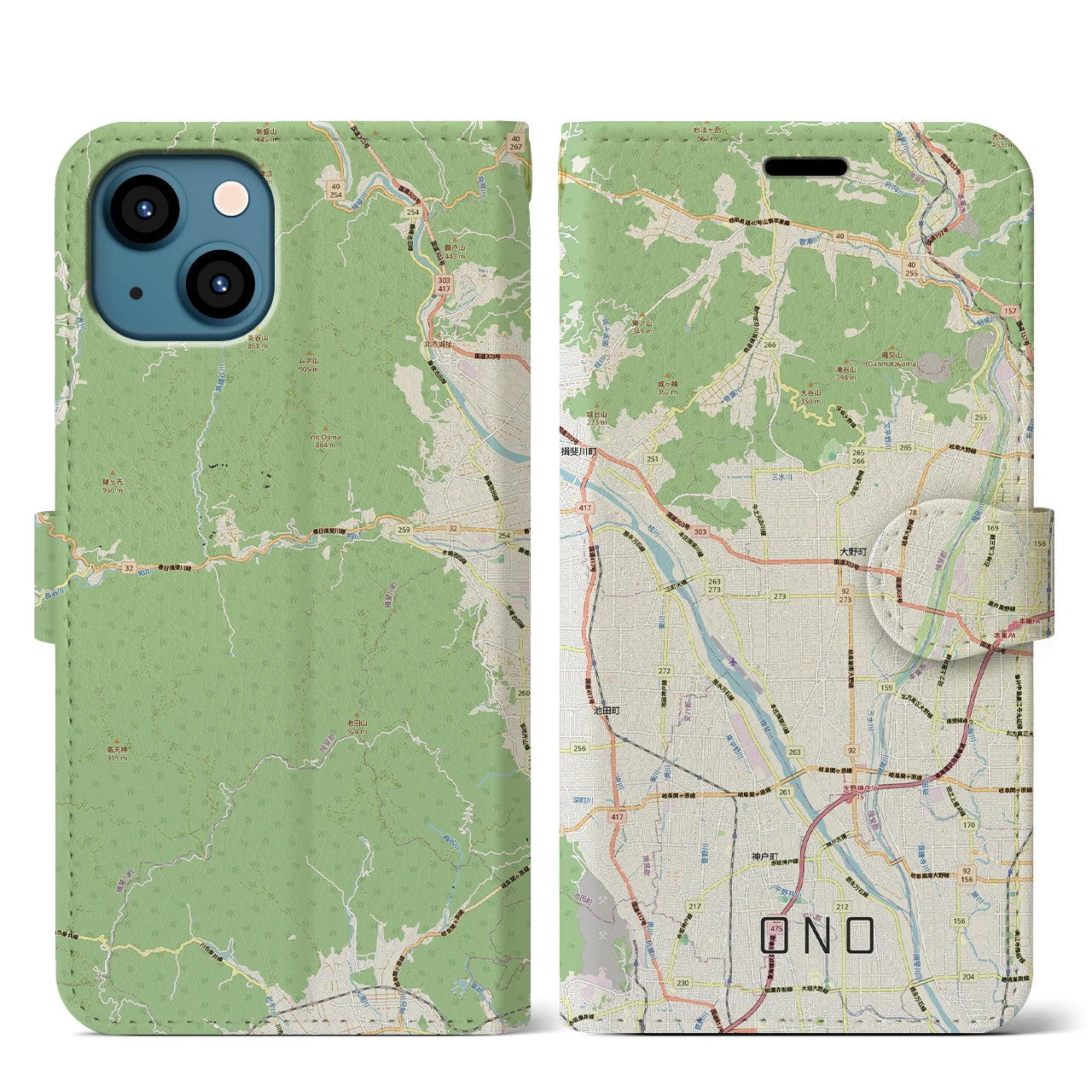 【大野（岐阜県）】地図柄iPhoneケース（手帳タイプ）