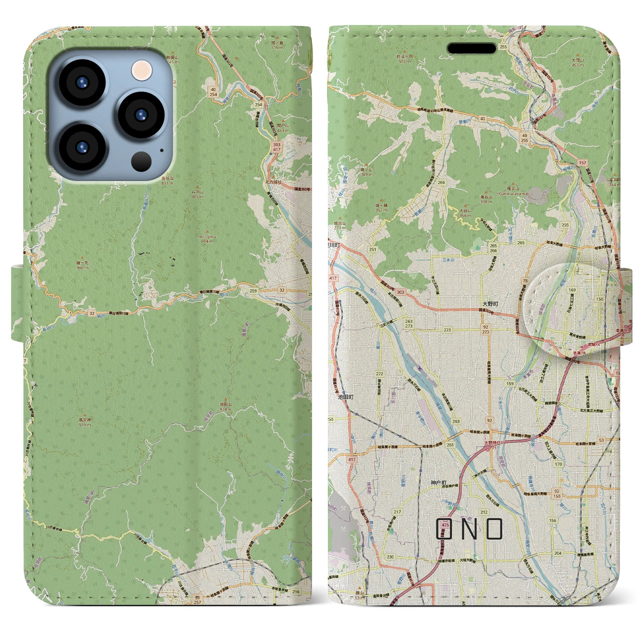 【大野（岐阜県）】地図柄iPhoneケース（手帳タイプ）