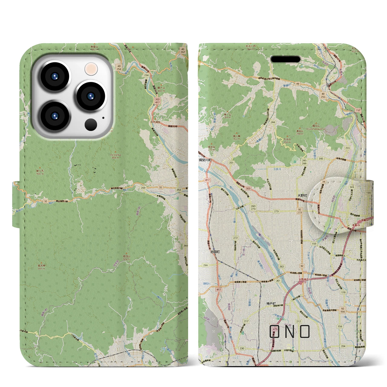 【大野（岐阜県）】地図柄iPhoneケース（手帳タイプ）