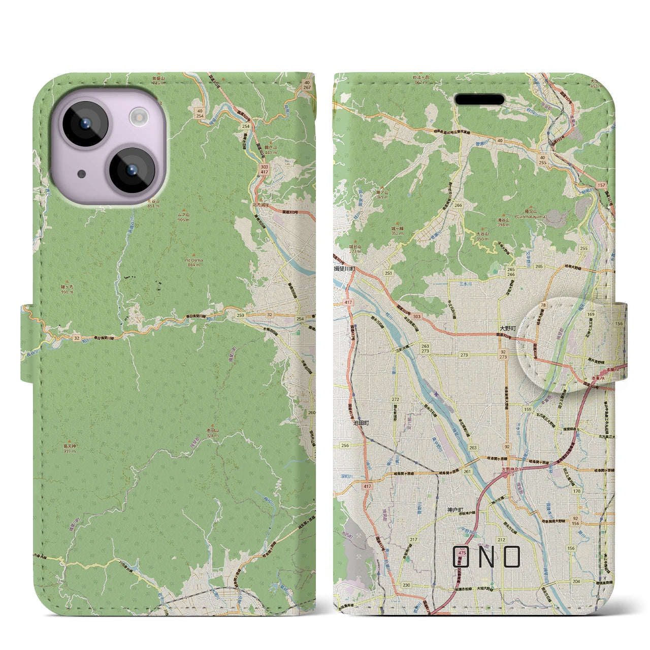 【大野（岐阜県）】地図柄iPhoneケース（手帳タイプ）