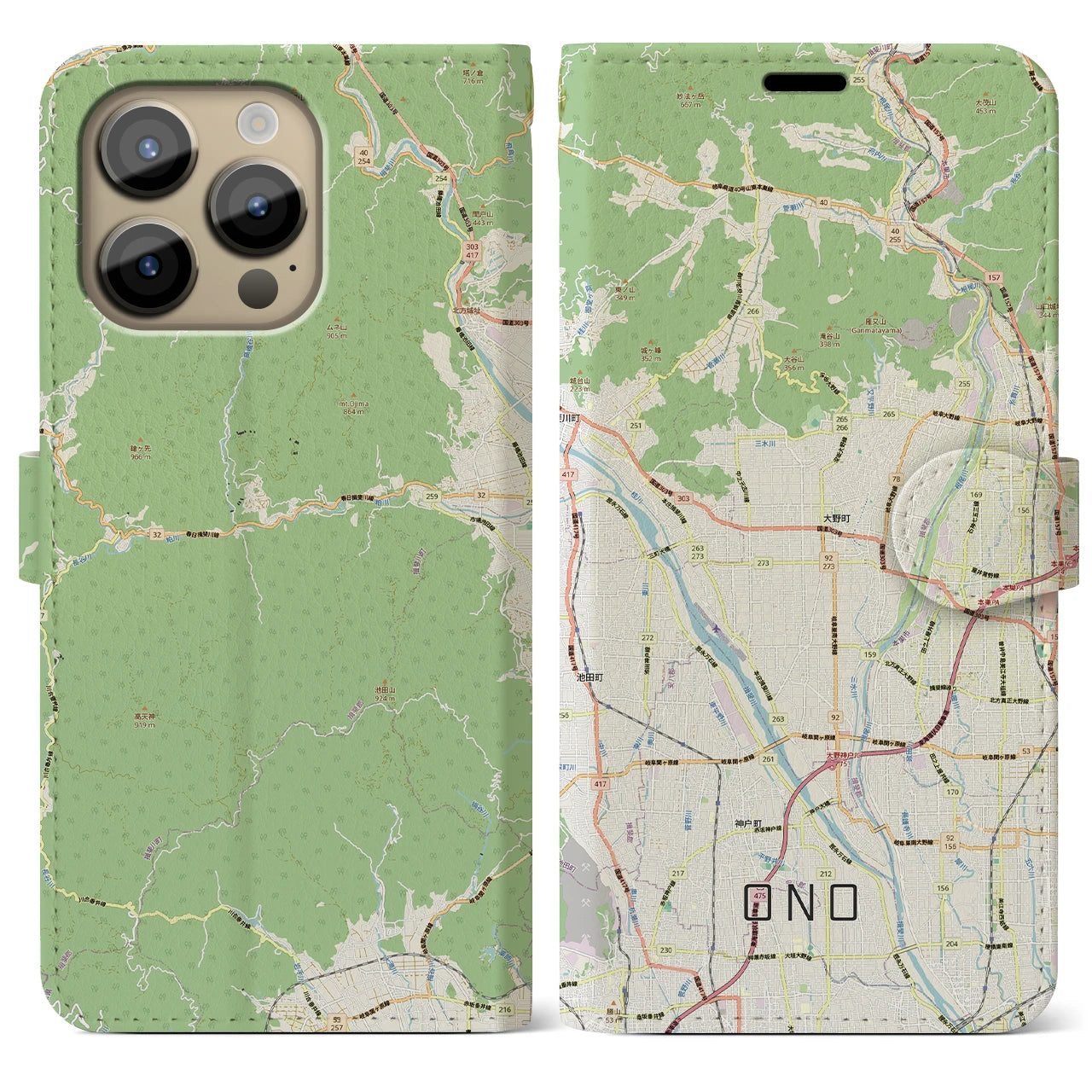 【大野（岐阜県）】地図柄iPhoneケース（手帳タイプ）