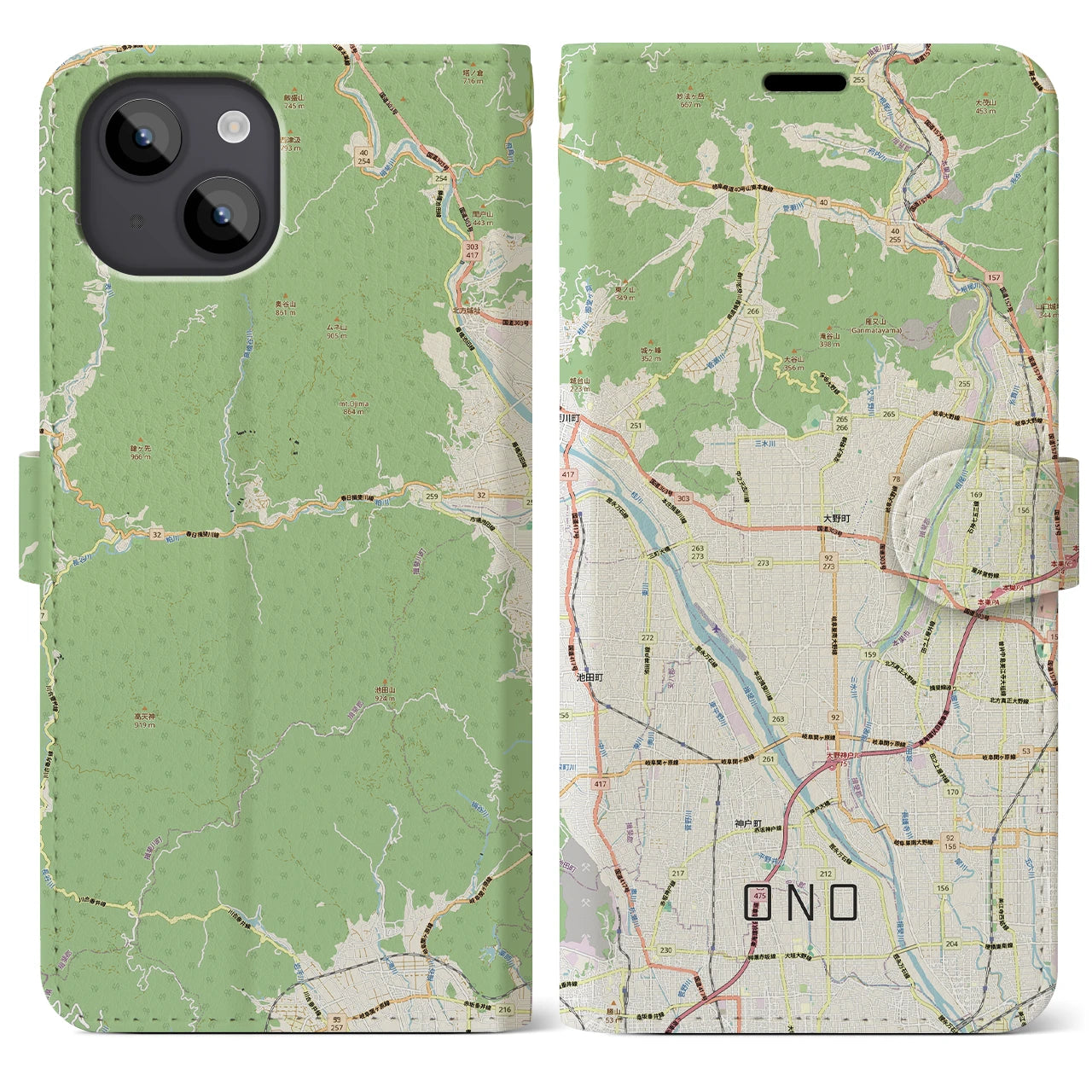【大野（岐阜県）】地図柄iPhoneケース（手帳タイプ）
