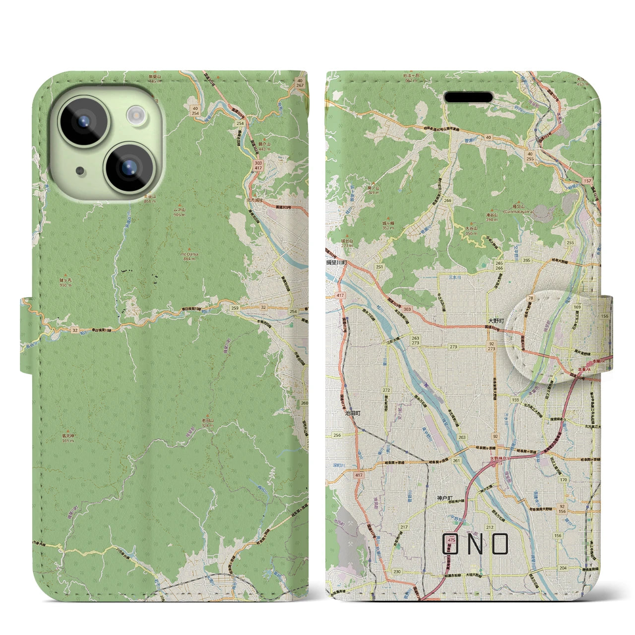 【大野（岐阜県）】地図柄iPhoneケース（手帳タイプ）