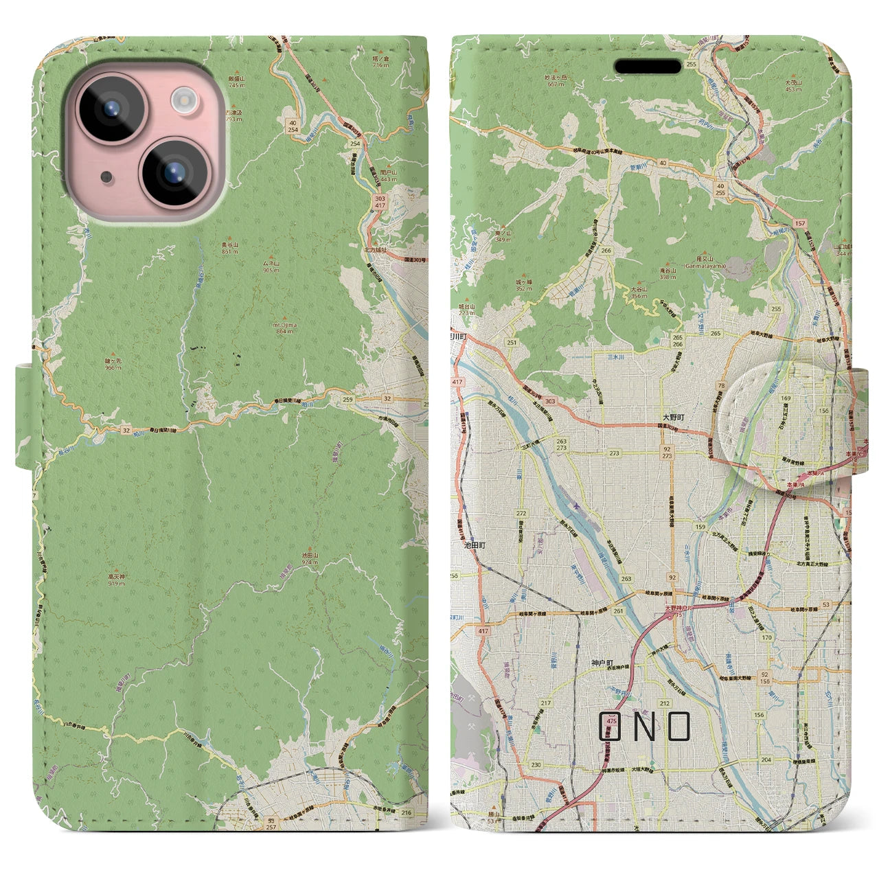 【大野（岐阜県）】地図柄iPhoneケース（手帳タイプ）
