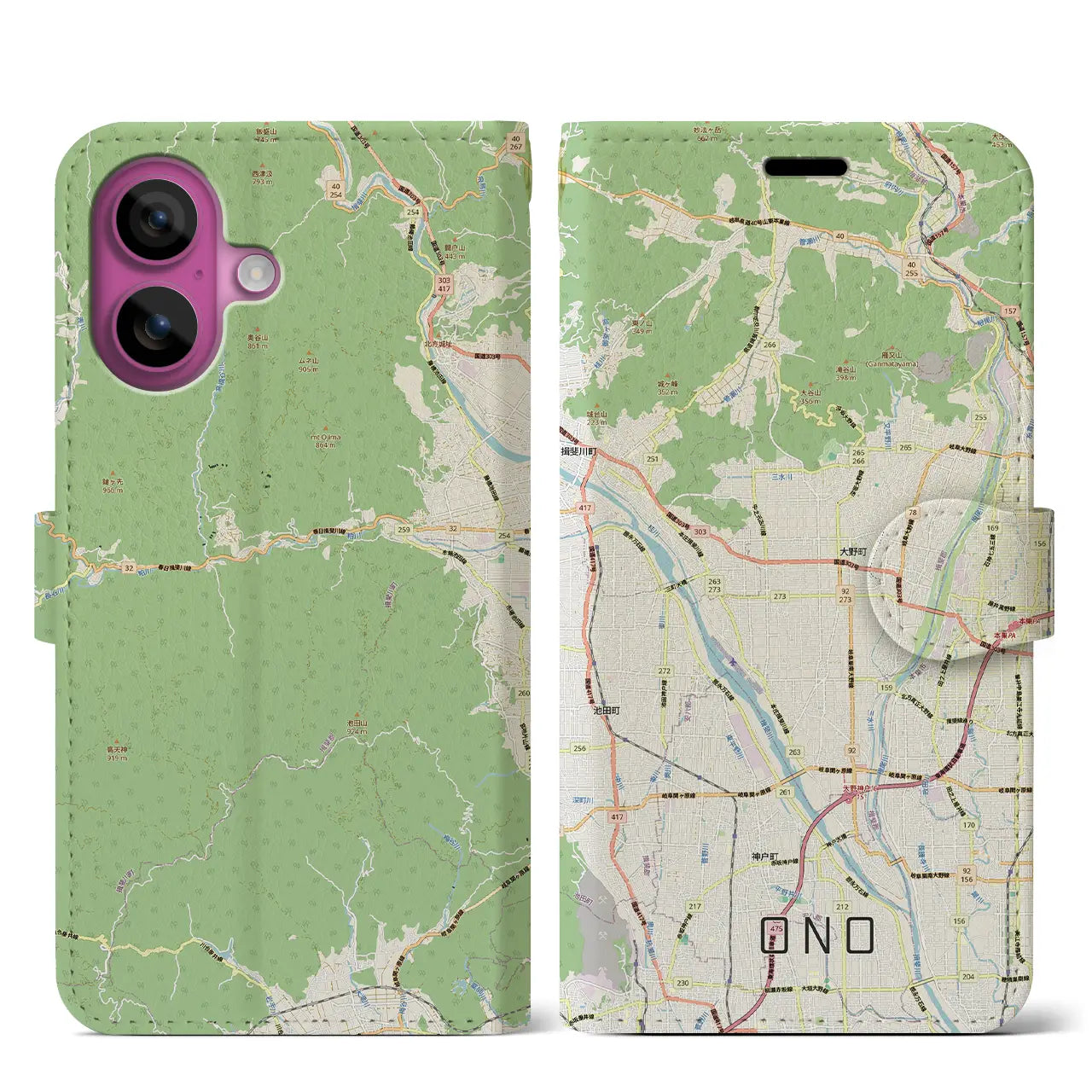 【大野（岐阜県）】地図柄iPhoneケース（手帳タイプ）