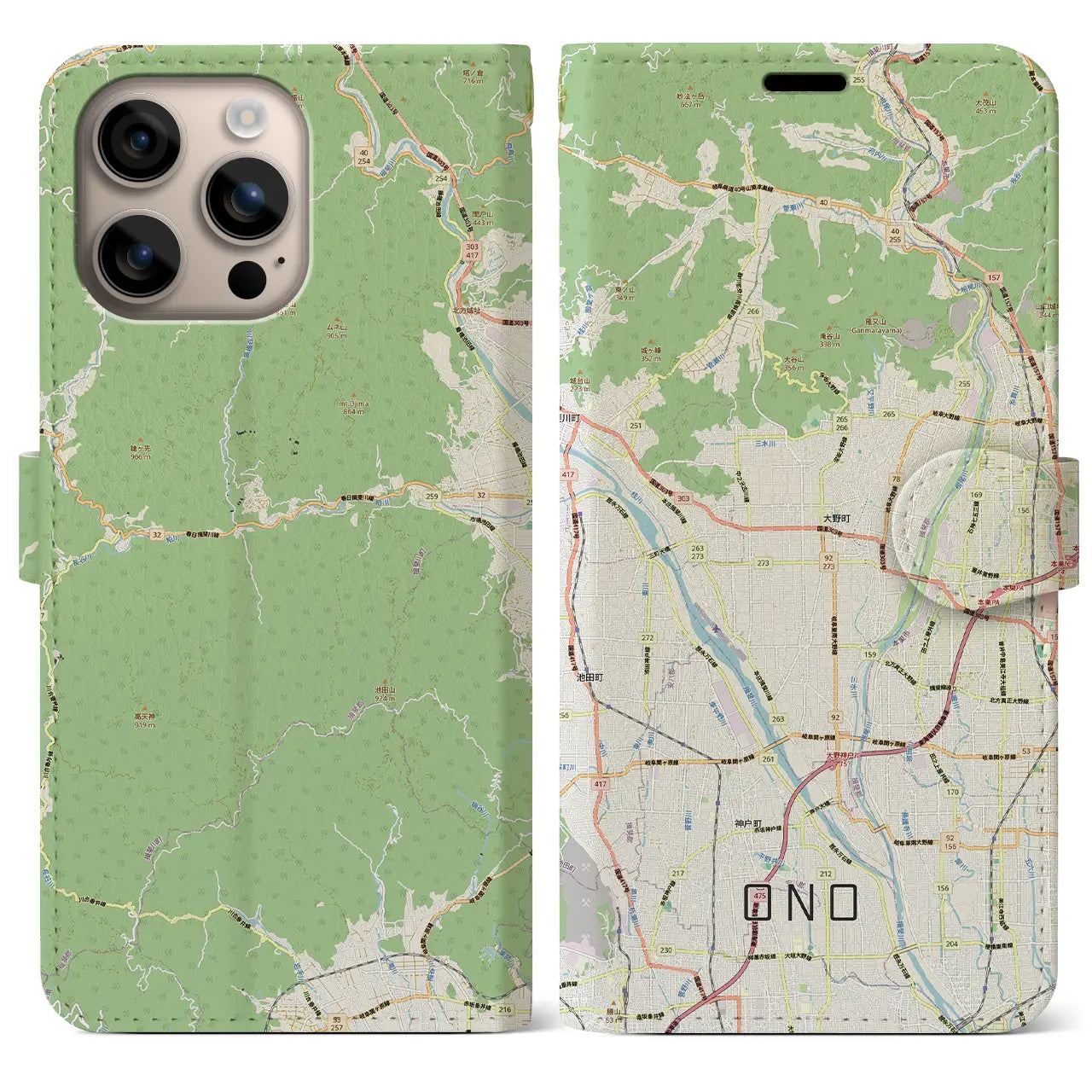 【大野（岐阜県）】地図柄iPhoneケース（手帳タイプ）