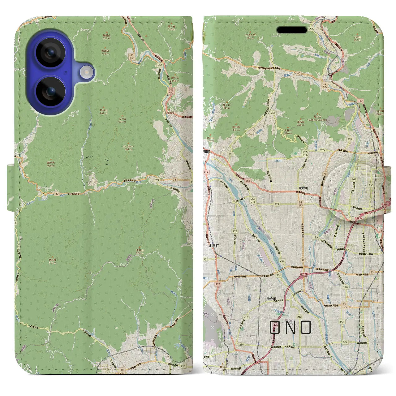 【大野（岐阜県）】地図柄iPhoneケース（手帳タイプ）