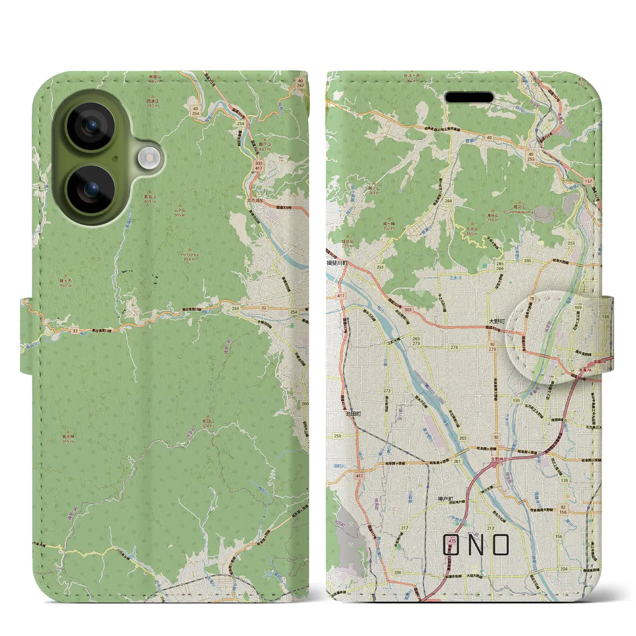 【大野（岐阜県）】地図柄iPhoneケース（手帳タイプ）