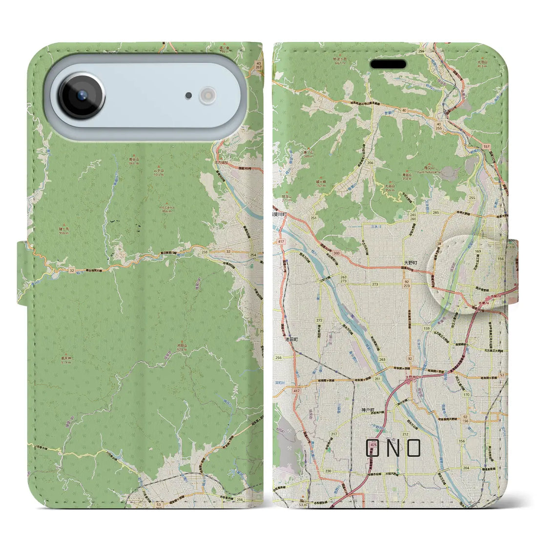 【大野（岐阜県）】地図柄iPhoneケース（手帳タイプ）ナチュラル・iPhone 17 Pro Max 用