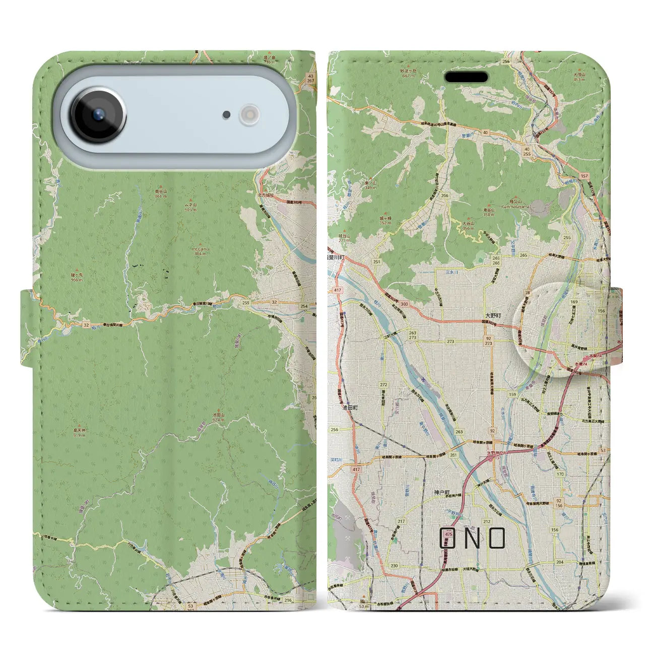【大野（岐阜県）】地図柄iPhoneケース（手帳タイプ）ナチュラル・iPhone 17 Pro Max 用